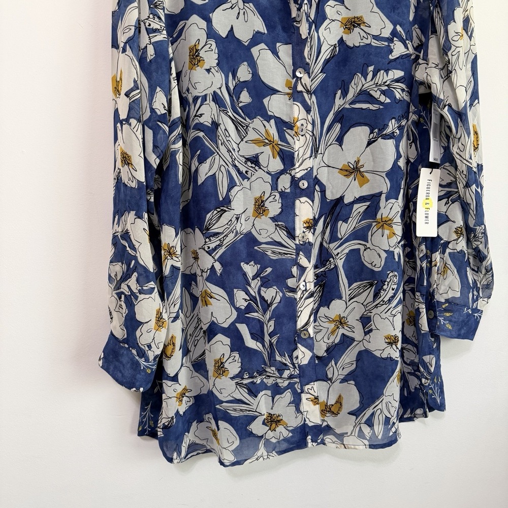 Figueroa & Flower Tunic XL Sheer Blue Floral Chiffon Tank Roll Tab Sleeve‎ NEW - Picture 2 of 9